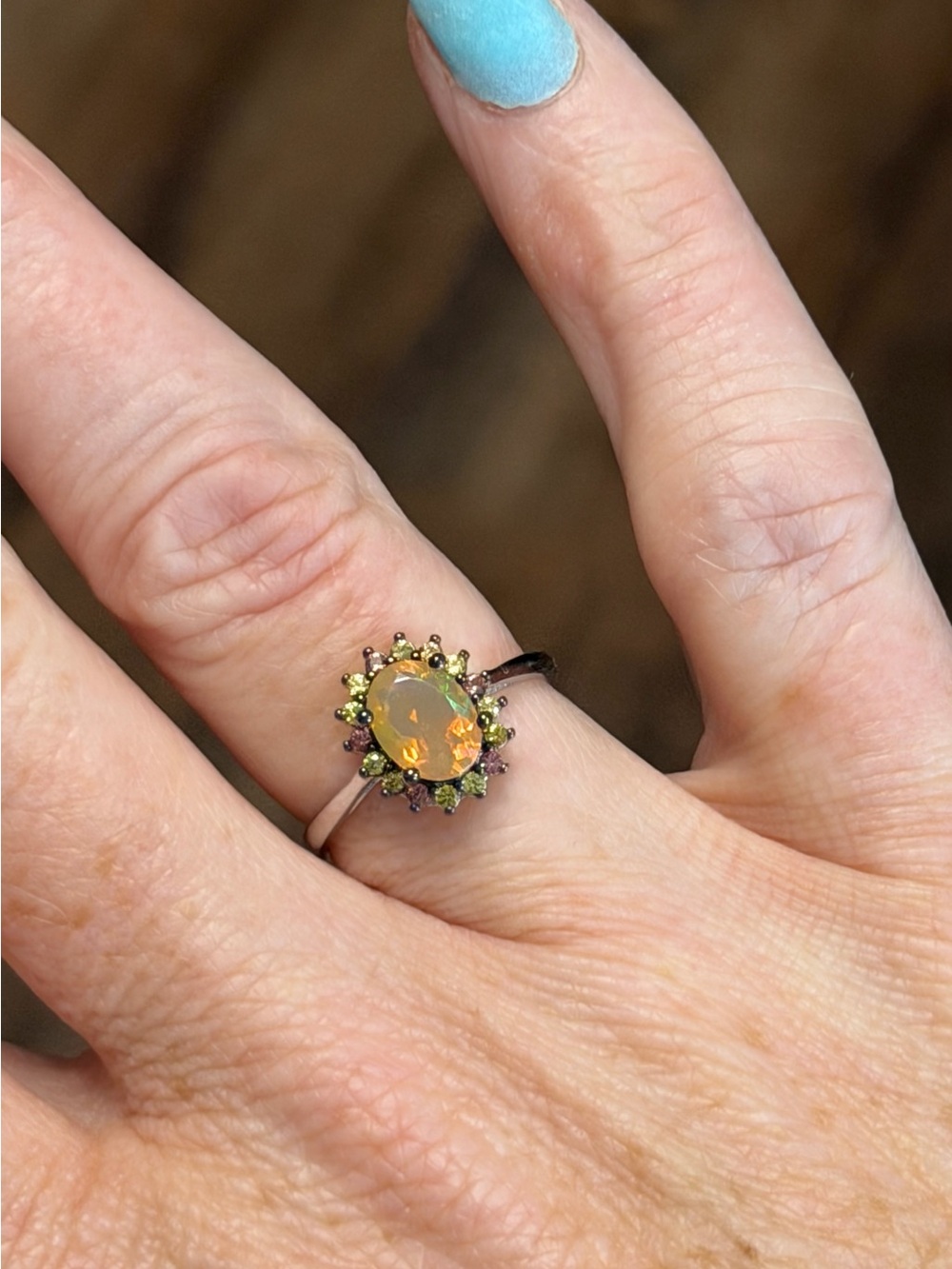 Enchanting Fire Opal Diamond Cut Sapphire halo 925 Sterling Silver Ring Sz 7 - Picture 4 of 13